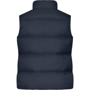 A navy blue ladies winter vest with a puffy design and high collar. It features a logo at the back.