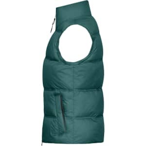 A green padded vest with a high collar and side pocket, featuring a logo.