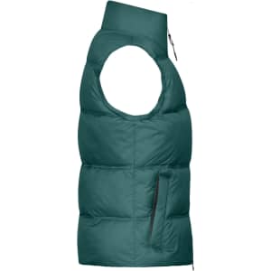 A teal ladies winter vest with a high collar and zippered pocket, featuring a sleeveless design.