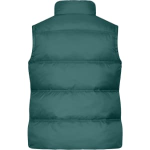 A teal ladies winter vest featuring a padded design and a high collar, with a simple branding element.