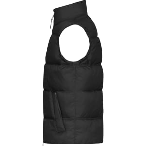 A black men's winter vest featuring a unique design with a high collar and a side pocket. It has a logo on it.
