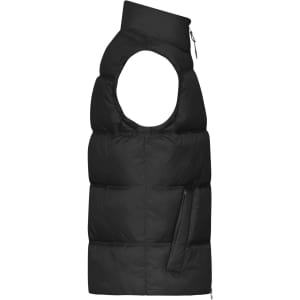 A black men's winter vest with a high collar and a side pocket, featuring a puffy design.