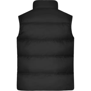 A black winter vest with a puffy design and high collar, featuring a logo on the back.