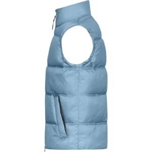 A light blue men's winter vest with a sleeveless design and a zippered side pocket, featuring branding.