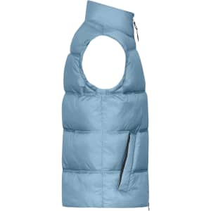 A light blue men's winter vest with a sleeveless design and side pocket, featuring a logo on the chest.