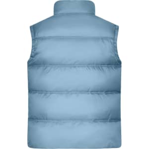 A blue men's winter vest with a soft texture and padded design, featuring a high collar and no sleeves.