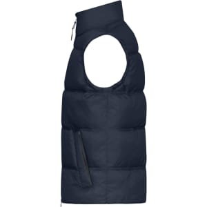 A navy blue men’s winter vest featuring a sleeveless design and a zippered pocket. It includes a logo.