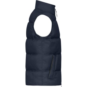 A navy men's winter vest features a sleeveless design and a zippered pocket on the side. It has a logo on it.