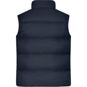 A navy blue men's winter vest with a high collar and quilted design, featuring a logo.