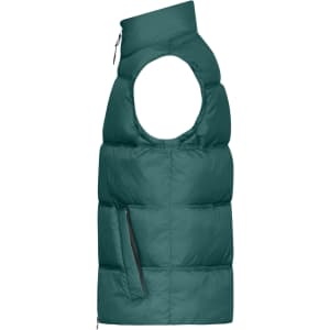 A men's winter vest in a deep teal colour with a high collar and a side pocket. It features a puffy design and a logo.