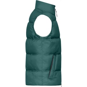 A green men's winter vest with a high collar and side pocket, featuring a puffy design and no sleeves.