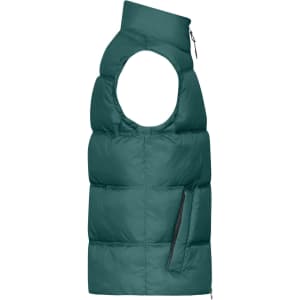 A men's winter vest in a deep green colour with a high collar and side pocket. The design features a sleeveless cut.