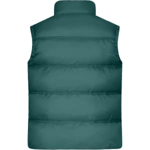 A teal men's winter vest with a padded design and high collar, featuring a logo on the back.