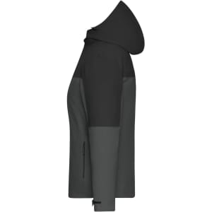 A ladies 3-in-1 jacket in shades of black and grey, featuring a hood and side zip pockets. It has a logo on it.