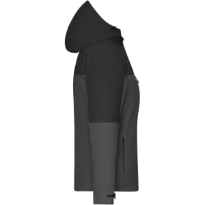 A ladies' 3-in-1 jacket in black and grey, featuring a hood and side zipper pockets. It has a branding logo.
