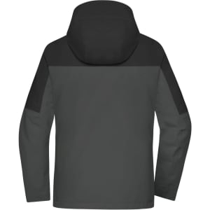 A ladies' 3-in-1 jacket in dark grey with a black hood and shoulder accents. Features a logo on the back.