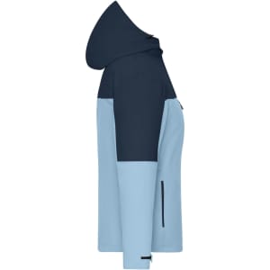 A ladies' 3-in-1 jacket featuring a navy blue and light blue colour scheme, with a hood and zip pockets.