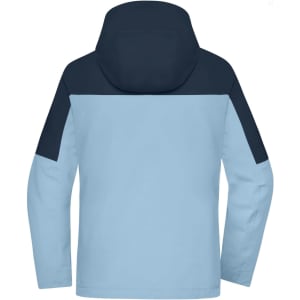 A ladies' 3-in-1 jacket in light blue with navy blue accents and a hood, featuring a logo.