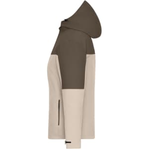 A stylish ladies 3-in-1 jacket in brown and beige with a hood and zippered pockets, featuring a logo.