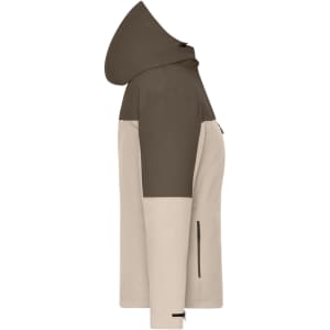 A ladies' 3-in-1 jacket in brown and beige with a hood, featuring contrasting panel design and zippers.