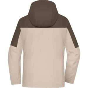 A 3-in-1 ladies jacket featuring a beige body with dark brown accents and a hood. Includes a branding logo.