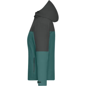 A ladies' 3-in-1 jacket in teal and grey, featuring a hood and zippered pockets. It includes a logo on the design.