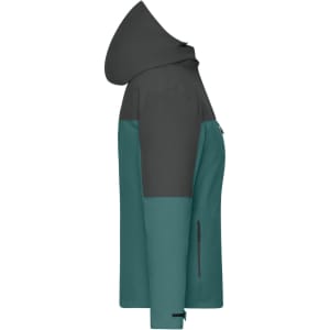 A ladies' 3-in-1 jacket in teal and dark grey, featuring a hood and side zip pockets, with a logo present.
