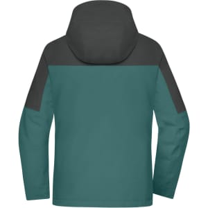 A teal and grey ladies 3-in-1 jacket featuring a hood and multiple panel designs. It has a logo on it.