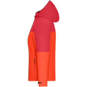 A women's 3-in-1 jacket in vibrant shades of red and orange. The jacket features a hood and has a logo.