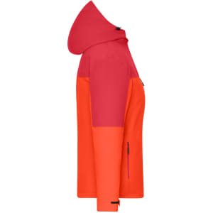 A ladies jacket in red and orange, featuring a hood and a logo. It has a sleek side profile design.