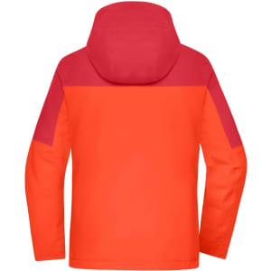 A bright orange ladies' 3-in-1 jacket with a pink hood and shoulder accents, featuring a logo on the back.