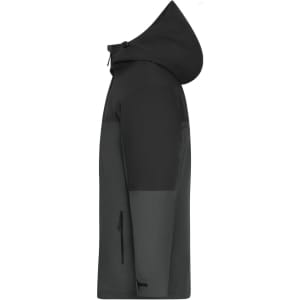 A 3-in-1 men's jacket in black with a hood, featuring a sleek design and multiple textures. It has branding elements.