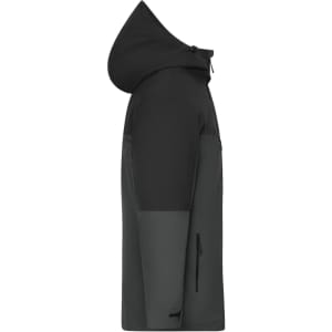 A men's 3-in-1 jacket in black, featuring a hood and side zip pockets, with a logo on the fabric.