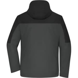 A men's 3-in-1 jacket in dark grey with black accents, featuring a hood and a branded logo.