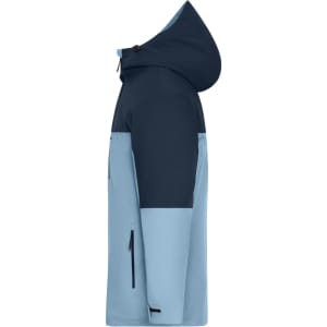 A men's 3-in-1 jacket in navy and light blue, featuring a hood and multiple pockets. It has a logo on the front.