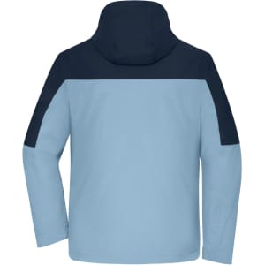 A men's 3-in-1 jacket in light blue with navy accents, featuring a hood and a logo.