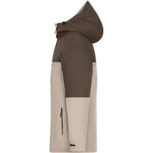 A men's 3-in-1 jacket in brown and beige, featuring a hood and multiple zippered pockets. It has a branding logo.