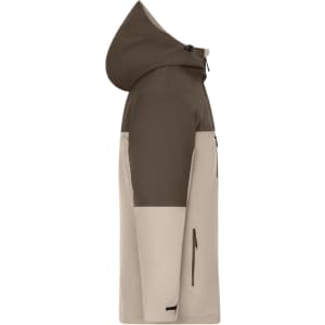 A men's 3-in-1 jacket featuring a hood, with a beige and brown colour scheme, and a logo present.