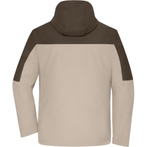 A men's 3-in-1 jacket featuring a beige body and dark brown shoulders, with a hood and a logo.