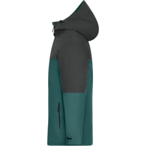 A men's 3-in-1 jacket in teal and grey with a hood, featuring a zippered pocket and a branding logo.