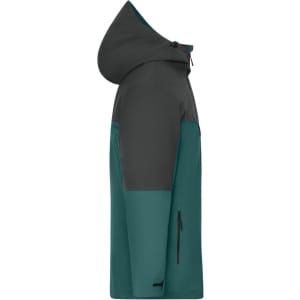 A men's 3-in-1 jacket in dark grey and teal, featuring a hood and multiple zippered pockets. Includes branding.
