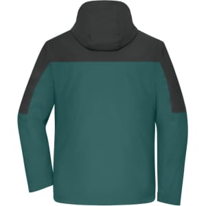A men's 3-in-1 jacket featuring a teal body and black hood and shoulders, with a logo on the back.