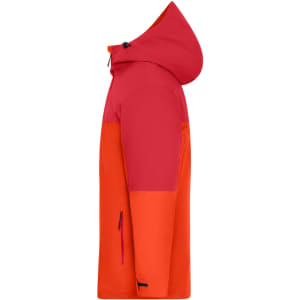A 3-in-1 men's jacket in vibrant shades of red and orange, featuring a hood and a logo.