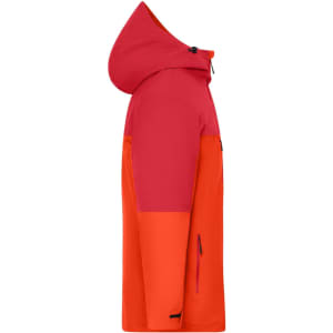 A men's 3-in-1 jacket in red and orange, featuring a hood and zippered pockets. Includes a logo.