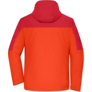 A men's 3-in-1 jacket in vibrant red with a contrasting pink hood and upper section, featuring a logo.