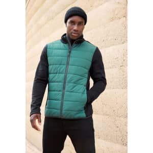 A men's 3-in-1 jacket featuring a green quilted front and black sleeves, with a hood and a zip closure.