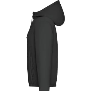 A black ladies bomber jacket with a hood, featuring a side profile view and a logo on the front.