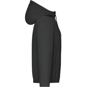A ladies bomber jacket in black, featuring a hood and side pockets, with a logo present.