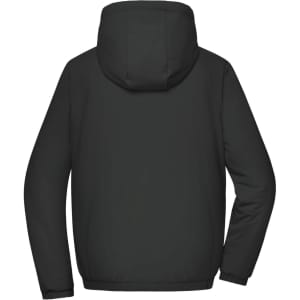 A ladies bomber jacket in black with a hood, featuring a simple design and no visible logos.