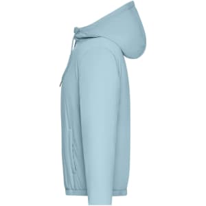 A light blue ladies bomber jacket featuring a hood and side pockets. The jacket includes a logo.